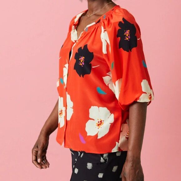 Tucker Classic Blouse Crimson Camellia in Silk Crepe de Chine Long Sleeves - Picture 1 of 3
